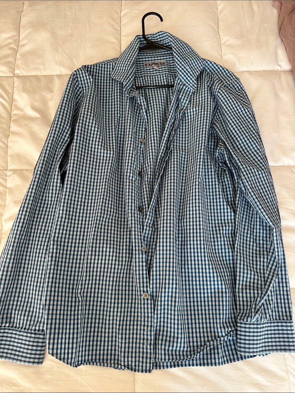 Express 100% Cotton Blue and White Gingham Fitted Button-Up Shirt